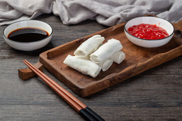 Delicious fried spring rolls and sweet chili sauce