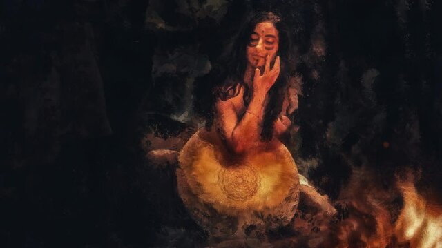 beautiful shamanic girl playing on shaman frame drum in the nature. Painting effect.