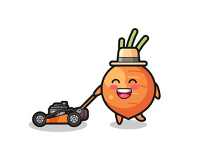 illustration of the carrot character using lawn mower