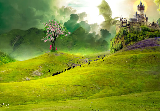 Landscape green area and a castle with a dragon and beautiful tree.
