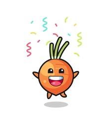 happy carrot mascot jumping for congratulation with colour confetti