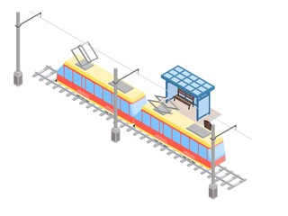 Tram stop and old city transport. isometric style