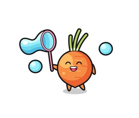 happy carrot cartoon playing soap bubble