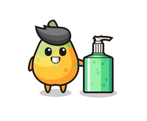 cute papaya cartoon with hand sanitizer