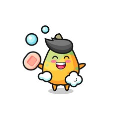papaya character is bathing while holding soap