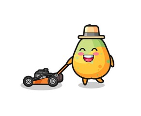 illustration of the papaya character using lawn mower