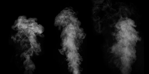 A perfect set of three different mystical curly white vapors or smoke on a black background. Abstract fog or smog