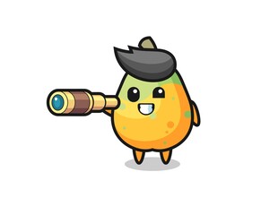 cute papaya character is holding an old telescope