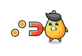 the character of papaya hold a magnet to catch the gold coins