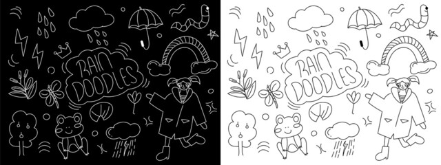 Set of Rain doodles isolated on white background. Hand drawn set with umbrella cup of hot tea, rain, rubber boots, clothes and leaves collection. Drawing doodle collection, isolated on white backgroun