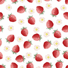 Seamless pattern strawberries and flowers isolated on white. For card, textile, fabric, paper design, wallpaper, wrapping, kids