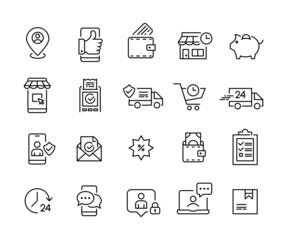 E-shopping vector internet store icons set. Shipping, support, website 24 hour and delivery. Pixel perfect, editable stroke