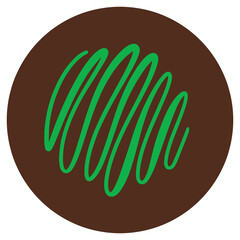 Circular dark brown Chocolate candy with apple green drizzle. Layered confectionary SVG