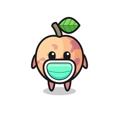 cute pluot fruit cartoon wearing a mask