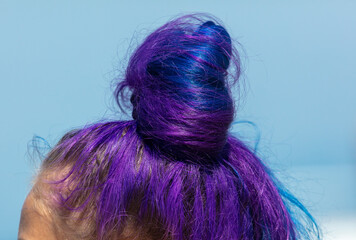 Purple and blue hair on the head.