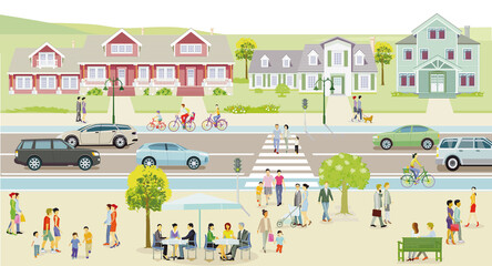 Stadt mit Häusern und Verkehr, Fußgänger auf dem Bürgersteig – Illustration 
