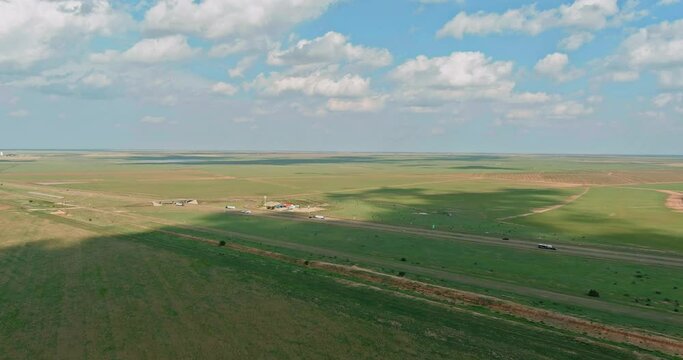 Panoramic aerial view Texas Interstate 40 highway near rest area in Adrian Texas US