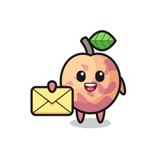 cartoon illustration of pluot fruit holding a yellow letter