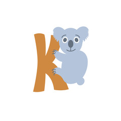 Koala animal alphabet symbol. English letter K isolated on white background. Funny hand drawn style character. Learn kids to read with cute toy illustration
