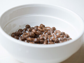 White ceramic plate with chocolate breakfast cereal and milk.