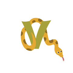 Viper animal alphabet symbol. English letter V isolated on white background. Funny hand drawn style character. Learn kids to read with cute toy illustration