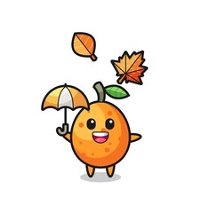 cartoon of the cute kumquat holding an umbrella in autumn