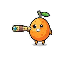 cute kumquat character is holding an old telescope