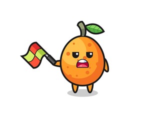kumquat cartoon as the line judge hold the flag up at a 45 degree angle