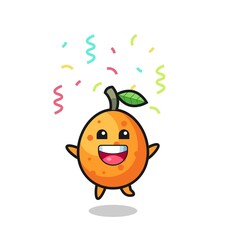 happy kumquat mascot jumping for congratulation with colour confetti