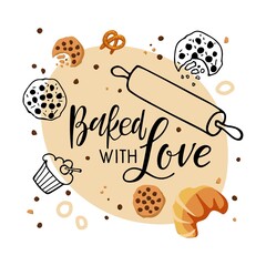 Baked with Love Calligraphy logo Shop. Handwritten brush Lettering and pastries sketch and flat for bread house, loaf store, food market, cafe, restauran, culinary school emblem. Home kitchen concept.