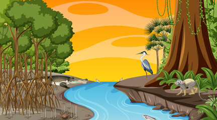 Nature Scene With Mangrove Forest Sunset Time Cartoon Style