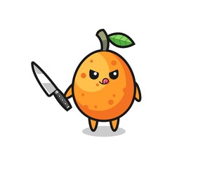 cute kumquat mascot as a psychopath holding a knife