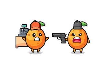 illustration of the cute kumquat as a cashier is pointed a gun by a robber