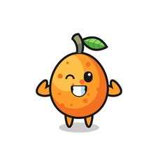 the muscular kumquat character is posing showing his muscles