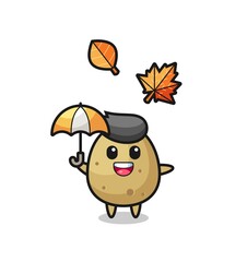 cartoon of the cute potato holding an umbrella in autumn