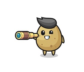 cute potato character is holding an old telescope