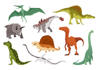 Dinosaurs flat icon collection. Colored isolated prehistoric reptile monsters on white background.  cartoon dino animals set including Pteranodon, Triceratops, Allosaurus, Dimetrodon