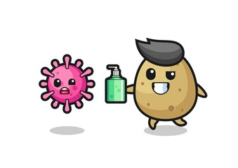 illustration of potato character chasing evil virus with hand sanitizer