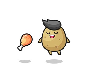 cute potato floating and tempted because of fried chicken