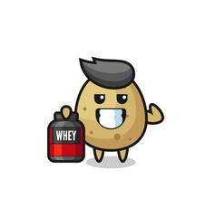 Obraz premium the muscular potato character is holding a protein supplement