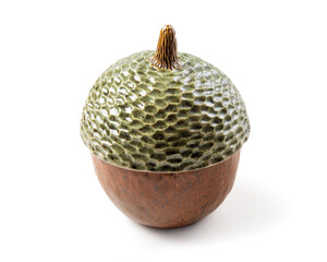 Beautiful brown acorn on white background. Oak nut. Handmade Ceramic acorn with Cap. Ready to Use and Sell.