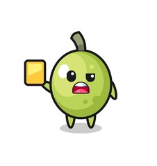 cartoon olive character as a football referee giving a yellow card