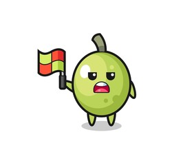 olive character as line judge putting the flag up