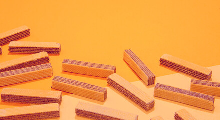 Waffle flat lay background. Minimal  food art fashion. Sweet lover concept, candy shop, calorie, diet concept banner