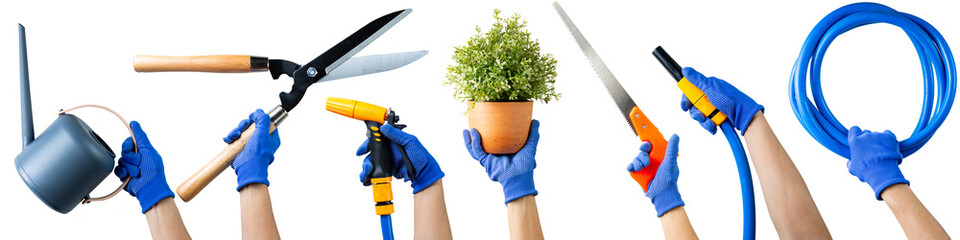 Set of various gardening tool equipment .