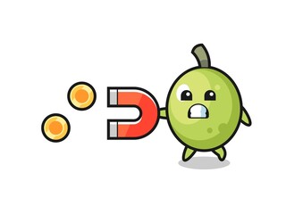 the character of olive hold a magnet to catch the gold coins