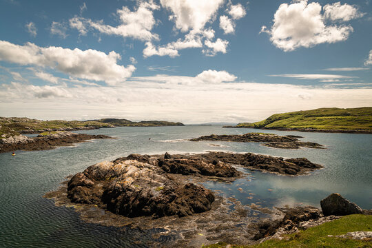 A summer 3 shot HDR of Loch Finsbay on the Isle of Harris along the Golden Road towards Leverburgh in the Western Isles, Scotland