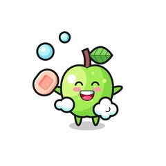 green apple character is bathing while holding soap