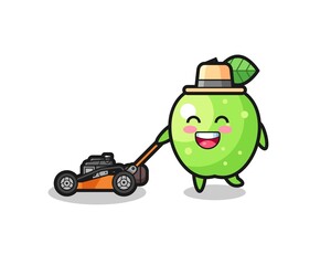 illustration of the green apple character using lawn mower