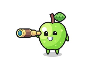 cute green apple character is holding an old telescope